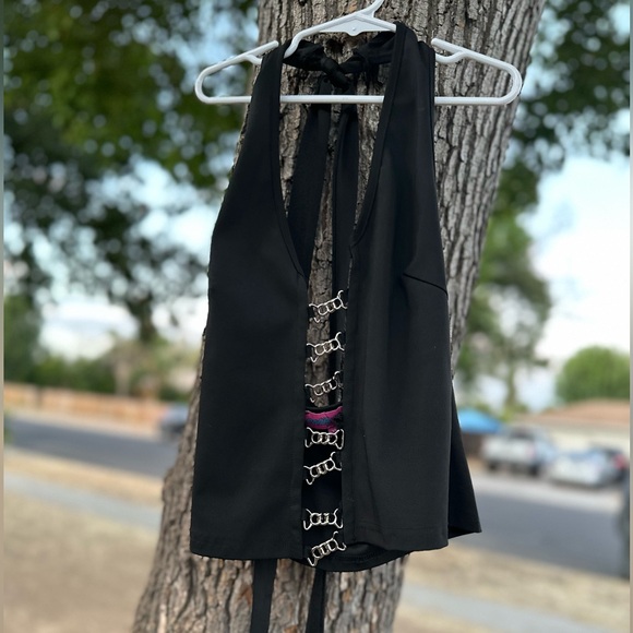 Edikted Goth Grunge Black Halter with Silver Chain Accents - Picture 3 of 7